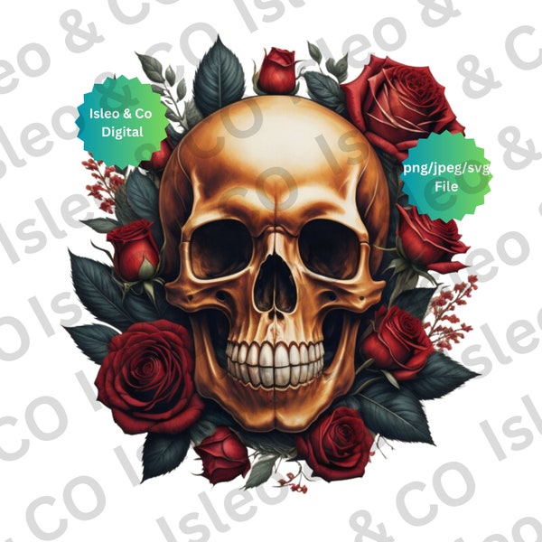 Golden Skull with Red Roses and Foliage Digital File | Instant Download | PNG, SVG, JPG | Skull with roses | Red Roses & Skull Sublimation