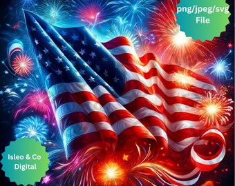 Independence Day American Flag Digital Art – Fireworks Background – Patriotic 4th of July Design – USA Flag & Fireworks - JPG, PNG, Svg