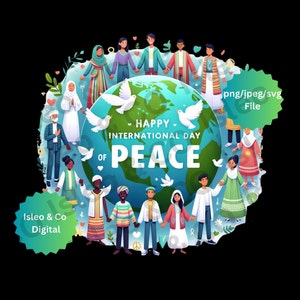 Internationale Dag van de Vrede Digitale Kunst – Multiculturele mensen over de hele wereld met duiven, bloemen en bladeren – Hoogwaardige JPG, PNG, SVG