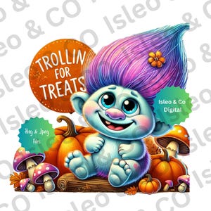 Troll carino e giocoso PNG, scena di Halloween "Trollin for Treats", Troll paffuto con zucche, funghi carini, perfetto per progetti di Halloween