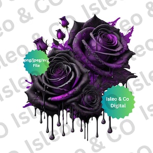Arte digital de descarga instantánea de elegancia enigmática, rosas y capullos de goteo púrpura y negro, PNG, JPG SVG para creaciones llamativas, rosas góticas