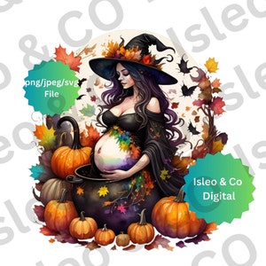 Merveilleuse sorcière enceinte - art numérique enchanteur - téléchargement immédiat - PNG, SVG, JPG - magie de la grossesse et de la sorcellerie - décoration d'Halloween