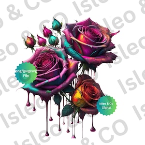 Rosas que gotean vibrantes: Arte digital de descarga instantánea - Rosas y capullos que gotean multicolores en rosa, naranja y verde, PNG, JPG, SVG, Gótico