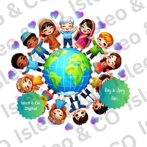 Dia da Harmonia Arte Digital - Crianças ao Redor do Globo Impressão, Paz e Amor, Flores e Pombas Arte de Parede - Unidade Multicultural, PNG, JPEG