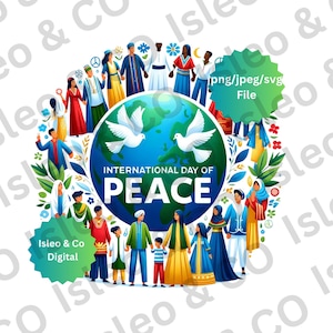 Arte digital del Día Internacional de la Paz – Personas multiculturales de todo el mundo con palomas, flores y hojas – JPG, PNG, SVG de alta calidad