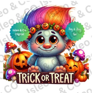 Troll fofo e brincalhão PNG e JPG, cena de Halloween "Trick or Treat", Troll gordinho com abóboras, cogumelos assustadores, perfeito para projetos de Halloween