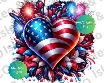 Heart-Shaped American Flag Digital Art – Independence Day Fireworks Design – Patriotic 4th of July Artwork – JPG, PNG, SVG - Heart Flag Art