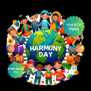 Harmony Day Digital Art - Kinderen over de hele wereld Print, Vrede en Liefde, Bloemen & Duiven Muurkunst - Multiculturele eenheid, PNG, SVG, JPEG