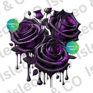 Elegancia enigmática: Arte digital de descarga instantánea - Rosas y capullos de goteo púrpura y negro, PNG, JPG, SVG para creaciones llamativas