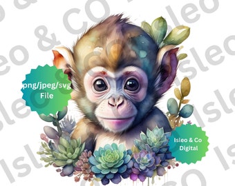 Curious Monkey Oasis : Téléchargement instantané Aquarelle Art - Adorable bébé singe parmi les plantes grasses, PNG, JPG, SVG pour vos créations imaginatives