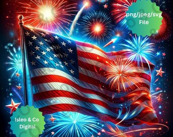 Independence Day American Flag Digital Art – Fireworks Background – Patriotic 4th of July Design – USA Flag & Fireworks - JPG, PNG, Svg