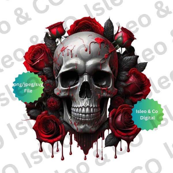 Macabre Elegance: Instant Download Gothic Skull & Red Roses, Dark and Dramatic Halloween Design, PNG, JPG, SVG for Your Haunting Creations