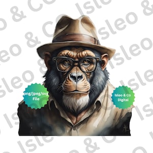 Charmante aquarel aap: Instant Download Digital Design - schattige aap met bril, beschikbaar in PNG, JPG, SVG, schattige aap in hoed