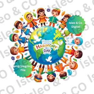 Art numérique Harmony Day - impression d'enfants du monde entier, paix et amour, fleurs et colombes - unité multiculturelle, PNG, SVG, JPEG
