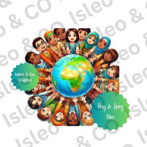 Harmony Day Digitale Kunst - Kinder rund um den Globus Druck, Frieden und Liebe, Blumen & Tauben Wandkunst - Multikulturelle Einheit, PNG, JPEG