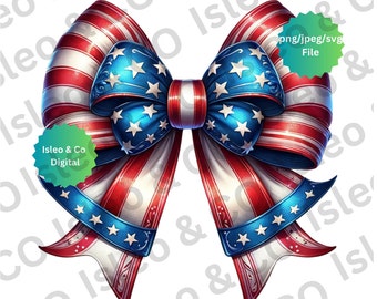 Independence Day Coquette Bow Digital Art – American Flag Colors Red, White, and Blue – High-Quality JPG, PNG, SVG for Patriotic Projects