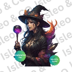 Mooie mystieke heks - digitaal kunstbestand - Instant Download - PNG, JPG, SVG - Ketel & Kaars - Paars en Oranje - Halloween Decor
