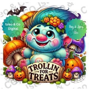 Troll carino e giocoso PNG, scena di Halloween "Trollin for Treats", Troll paffuto con zucche, funghi carini, perfetto per progetti di Halloween