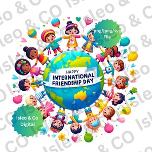 Digitale kunst Internationale Dag van de Vriendschap – Multiculturele kinderen rond wereldbol met ballonnen, bloemen en harten – hoogwaardige JPG, PNG, SVG