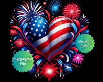 Heart-Shaped American Flag Digital Art – Independence Day Fireworks Design – Patriotic 4th of July Artwork – JPG, PNG, SVG - Heart Flag Art