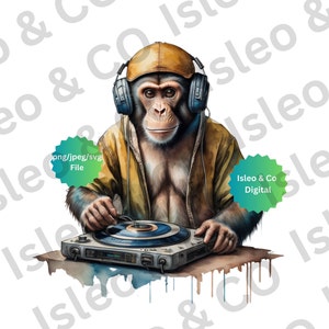 Groovy DJ Affe: Sofortiger Download Digitales Aquarell Design - Entzückender Affe mit Kopfhörer & Hut, Plattenspieler, PNG, Jpeg SVG Creative Mix