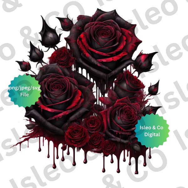 Digital Black & Red Dripping Roses PNG jpeg and svg, Mystical Dripping Rose, Black and Red Rose, Gothic Rose, Halloween Inspired, Valentine