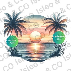 Retro Style Watercolor Sunset with Palm Trees Digital Art – Watercolor Beach Sunset  – Red, Black, and Yellow Color Palette – JPG, PNG, SVG