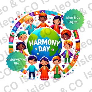 Harmony Day Digital Art - Children Around The Globe Print, Peace and Love, Flowers & Doves Wall Art - Multiculturele eenheid, PNG, SVG, JPEG