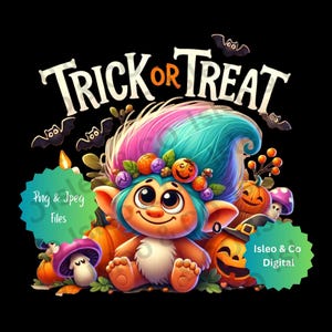 Troll carino e giocoso PNG e JPG, scena di Halloween "Dolcetto o scherzetto", troll paffuto con zucche, funghi spettrali, perfetto per progetti di Halloween