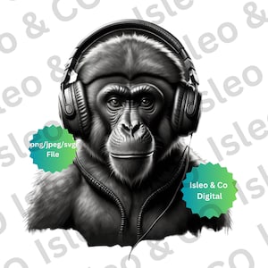 Soulful Serenade: Instant Download digitale afbeelding - Black Monkey met koptelefoon, beschikbaar in PNG, JPG SVG voor uw muzikale creaties