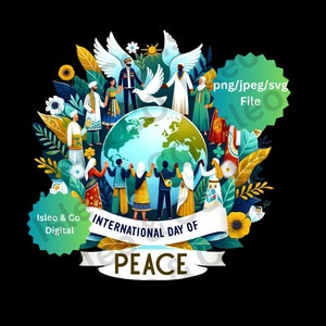 Internationale Dag van de Vrede Digitale Kunst – Multiculturele mensen over de hele wereld met duiven, bloemen en bladeren – Hoogwaardige JPG, PNG, SVG