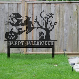 Letrero metálico de bruja de Halloween para jardín: decoración de temporada de calabazas
