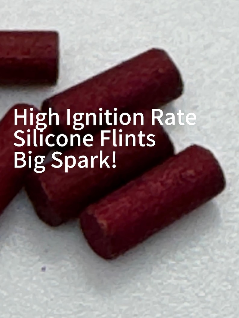 May include: A collection of small, cylindrical, dark red silicone flints with a textured surface. The text "High Ignition Rate Silicone Flints Big Spark!" is overlaid in white on the image, describing the functional nature of these items.