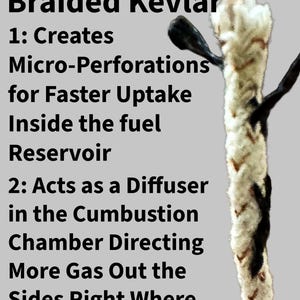 May include: A hand-stitched braided Kevlar wick with black and white fibers. Text reads: Hand Stitched Braided Kevlar 1: Creates Micro-Perforations for Faster Uptake Inside the fuel Reservoir 2: Acts as a Diffuser in the Cumbustion Chamber Directing More Gas Out the Sides Right Where the Sparks Fly.