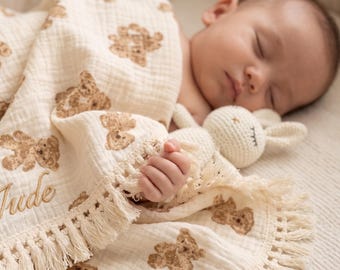 Breathable Muslin Swaddle Blanket, Teddy Bear Embroidery, Soft Newborn Receiving Blanket