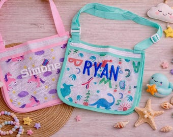 Kids Seashell Collecting Mesh Bag | Zippered Mesh Shell Bag in 18 Bright Colors | Custom Name Embroidery Available