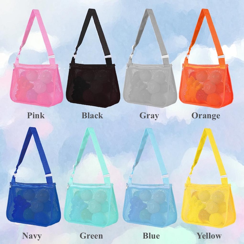May include: A collection of mesh tote bags in various colors, including pink, black, gray, orange, navy, green, blue, and yellow. Each bag has a matching adjustable strap and contains several round objects. The bags are labeled with their respective colors.