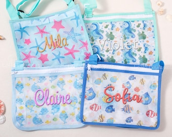 Sac de plage personnalisé pour enfant | Cabas en résille à monogramme avec coquillages - Sac à dos d&#39;été et cadeau d&#39;accessoires