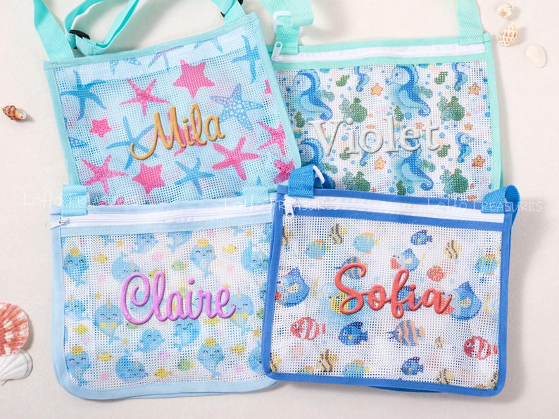 May include: Four mesh beach bags with different sea-themed patterns and names. The bags have a zipper closure and a handle. The names "Mila", "Violet", "Claire", and "Sofia" are written in cursive. The bags are decorated with starfish, seahorses, and fish.