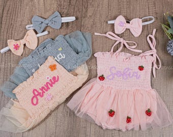 Hand Embroidered Baby Romper | Custom Name Tutu, First Birthday