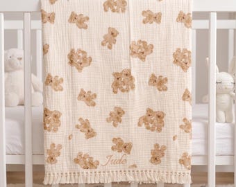 Personalized Teddy Bear Baby Blanket • Custom Name Embroidered Infant Blanket