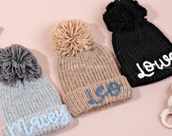 Personalized Knit Pom Pom Beanie: Embroidered Baby Hat