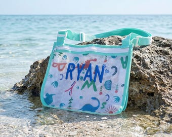 Personalized Seashell Mesh Backpack Tote, Kids Zipper Beach Bag, Monogrammed Sea Shell Bag, Summer Pool Accessories