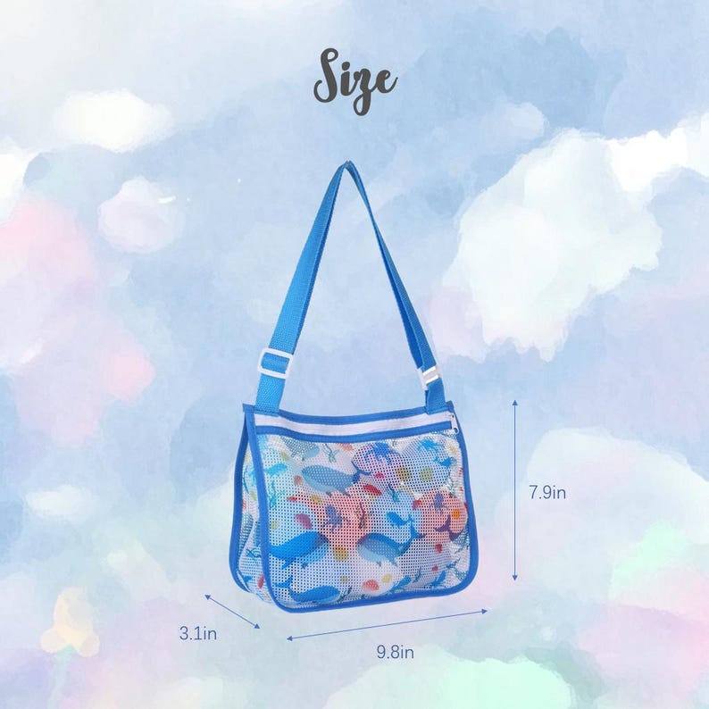 May include: A blue mesh beach bag with a shoulder strap, featuring a colorful aquatic design. The bag is 9.8 inches wide, 7.9 inches high, and 3.1 inches deep. The word "Size" is written in cursive at the top.