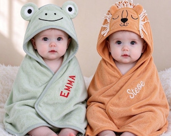 Personalized Animal Hooded Baby Towel | Custom Name Embroidery, Soft Plush Bath Wrap