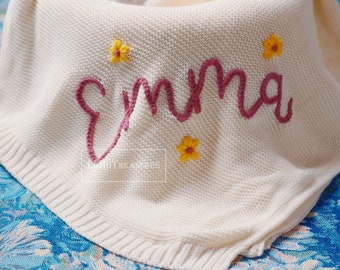 Hand-Embroidered Organic Cotton Name Blanket: Personalized Baby Keepsake