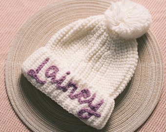 Personalized Knit Pom Pom Beanie: Embroidered Kids Headwear