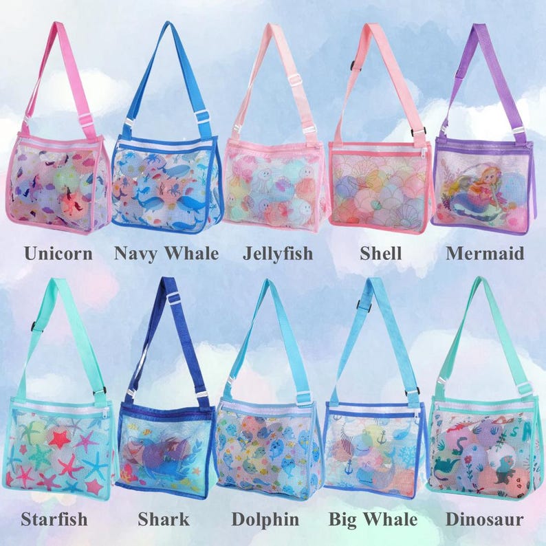 May include: Ten colorful mesh tote bags with adjustable straps. Each bag features a different sea-themed design, including unicorns, whales, jellyfish, shells, mermaids, starfish, sharks, dolphins, and dinosaurs. The bags have matching colored straps and text labels.