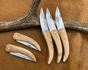 Lot de 5 couteaux de poche manche bois olivier Ref 2010 taille 21cm avec gravure prénom offert