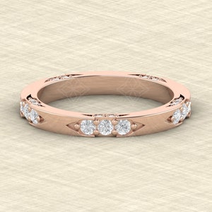 Flush Set Round Moissanite Eternity Ring / Round Moissanite Lacie Band Women  / 14K Solid Rose Gold Stacking Ring / Unique Wedding Band